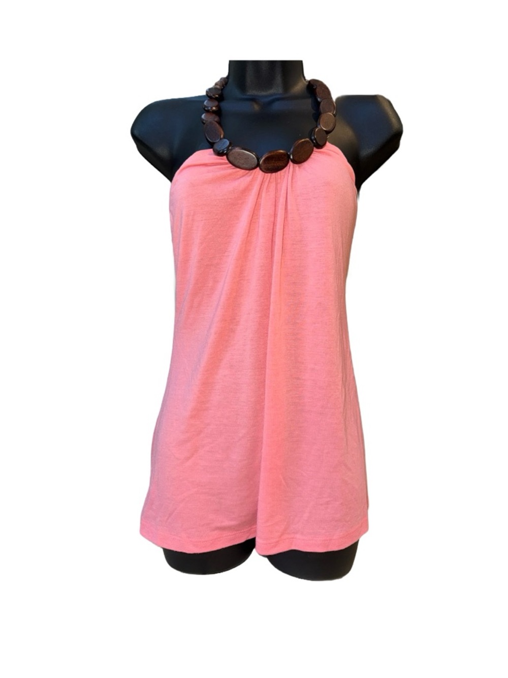 L8ter Coral Pink Halter Camisole with Wooden Bead Neckline